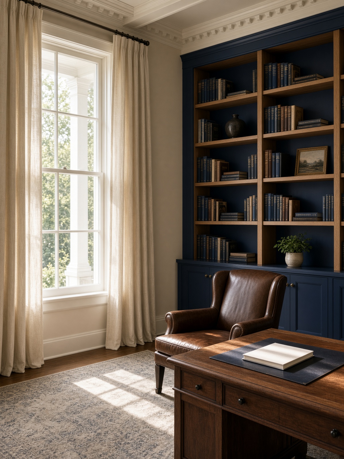 A quiet study in a historic home with morning light on oak bookshelves and a wooden desk.